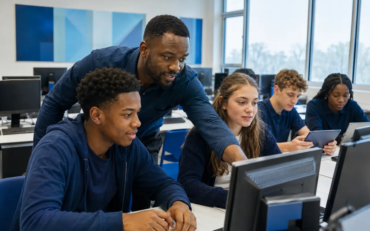 Teacher and students in a modern ICT classroom
